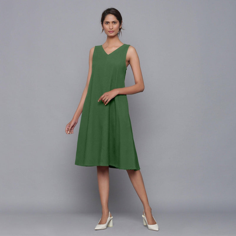 Front View of a Model wearing Moss Green Corduroy Flared Dress