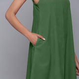 Front Detail of a Model wearing Moss Green Corduroy Flared Dress