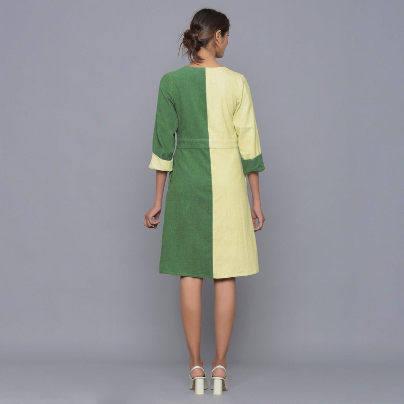 Back View of a Model wearing Cotton Corduroy V-Neck Wrap Dress