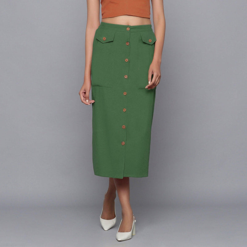 Front View of a Model wearing Moss Green Button-Down Midi Skirt