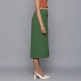 Right View of a Model wearing Moss Green Button-Down Midi Skirt