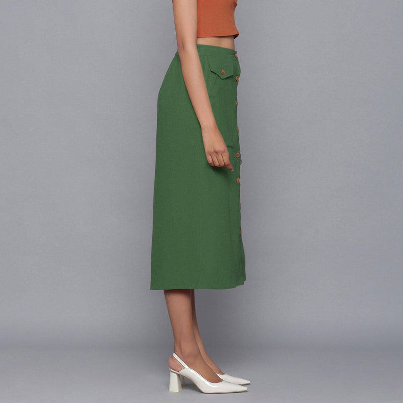 Right View of a Model wearing Moss Green Button-Down Midi Skirt