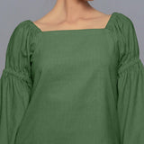 Front Detail of a Model wearing Moss Green Pistachio Corduroy Bohemian Top