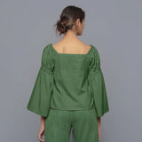 Back View of a Model wearing Moss Green Pistachio Corduroy Bohemian Top