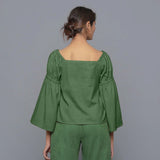 Back View of a Model wearing Moss Green Pistachio Corduroy Bohemian Top