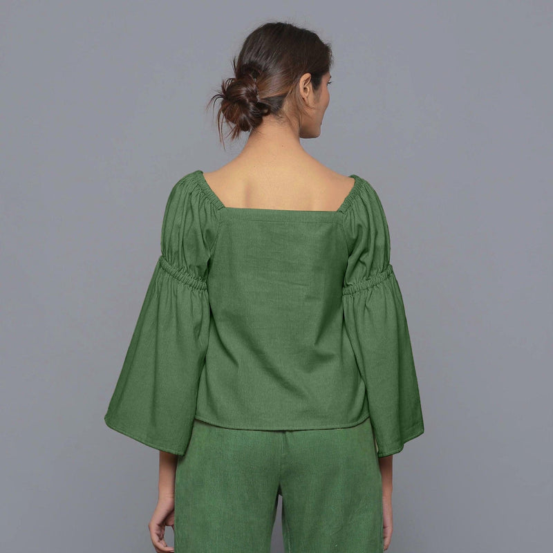 Back View of a Model wearing Moss Green Pistachio Corduroy Bohemian Top