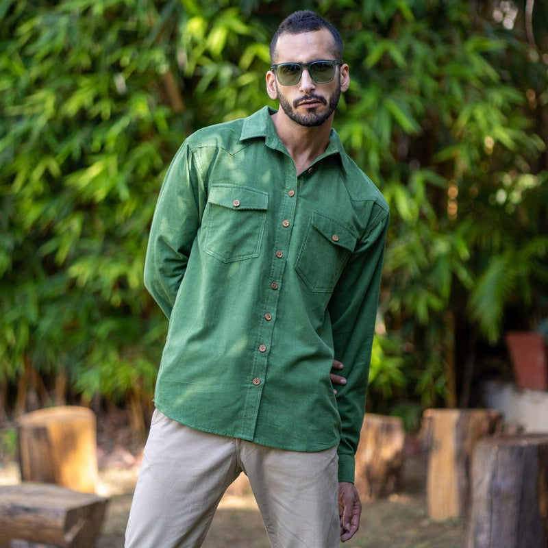 Moss Green Warm Cotton Corduroy Relaxed Fit Shirt 38