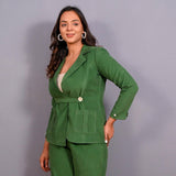 Left View of a Model wearing Moss Green Warm Cotton Corduroy Short Blazer