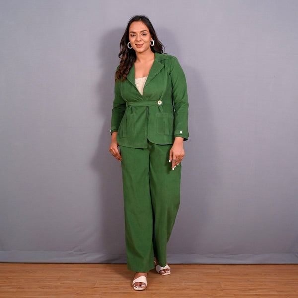 Front View of a Model wearing Moss Green Warm Cotton Corduroy Short Blazer