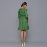 Back View of a Model wearing Moss Green V-Neck Corduroy Dress