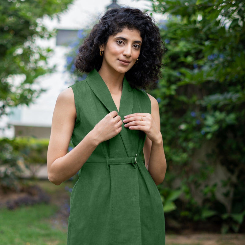 Moss Green Warm Cotton Corduroy Sleeveless Midi Blazer Dress 68" / Custom Height (Free) Moss Green Warm Cotton Corduroy Sleeveless Midi Blazer Dress 68" / Custom Height (Free)
