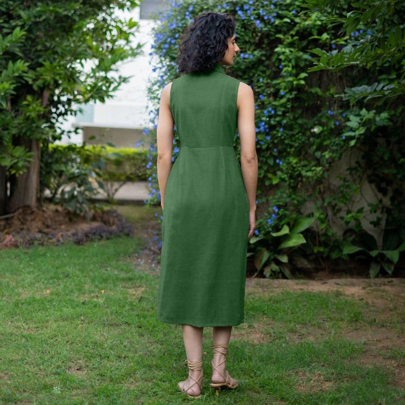 Moss Green Warm Cotton Corduroy Sleeveless Midi Blazer Dress