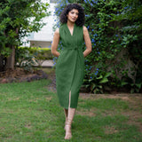 Moss Green Warm Cotton Corduroy Sleeveless Midi Blazer Dress