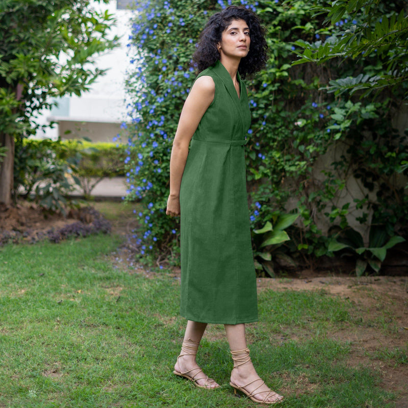 Moss Green Warm Cotton Corduroy Sleeveless Midi Blazer Dress