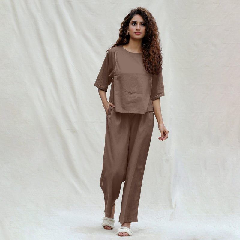 Mud Brown 100% Cotton Solid Mid-Rise Elasticated Pant