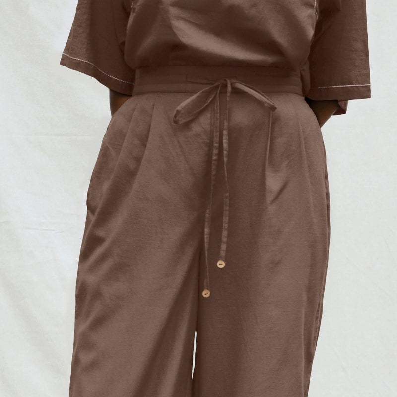 Mud Brown 100% Cotton Solid Mid-Rise Elasticated Pant