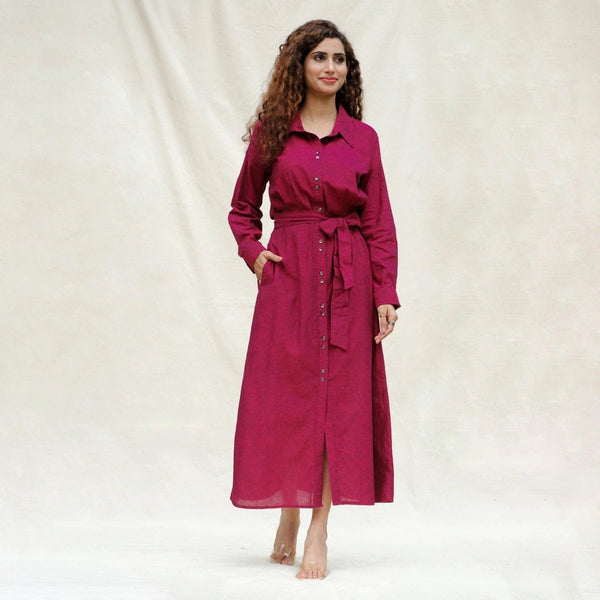 Front View of a Model wearing Mulberry Cotton Pleated Button-Down Maxi Dress