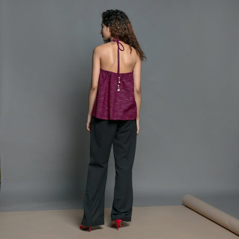 Back View of a Model wearing Mulberry Handspun Cotton Halter Neck Top