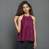 Front View of a Model wearing Mulberry Hand Beaded Handspun Cotton Halter Neck Tank Top