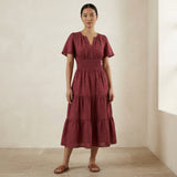 Mulberry Handspun Cotton Flutter Sleeve Tie-Back Tiered Midi Dress