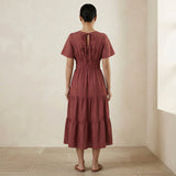 Mulberry Handspun Cotton Flutter Sleeve Tie-Back Tiered Midi Dress