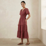 Mulberry Handspun Cotton Flutter Sleeve Tie-Back Tiered Midi Dress