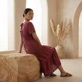 Mulberry Handspun Cotton Flutter Sleeve Tie-Back Tiered Midi Dress