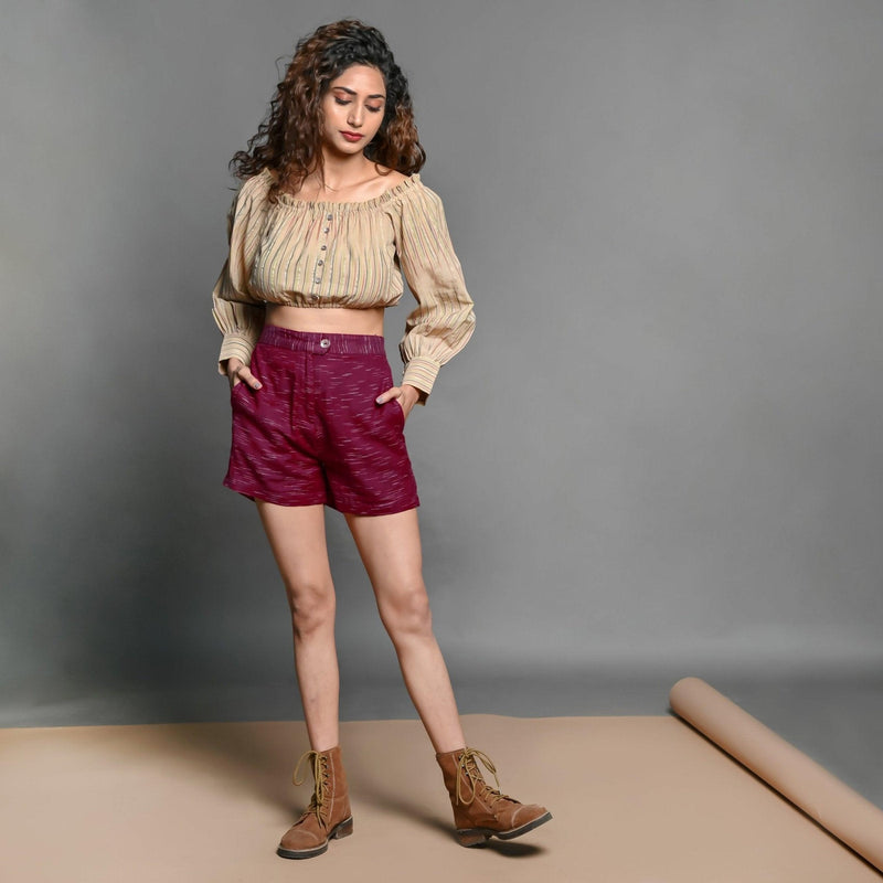 Front View of a Model wearing Mulberry Handspun Cotton Elasticated Shorts