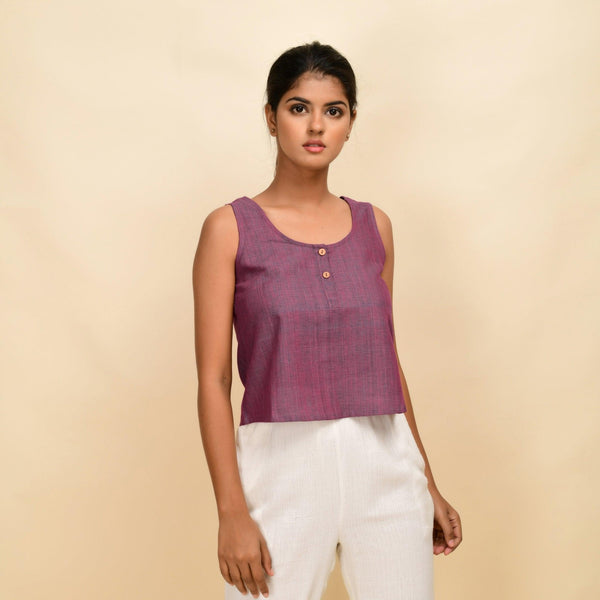 Front View of a Model wearing Mulberry Handspun Cotton Sleeveless Short Top