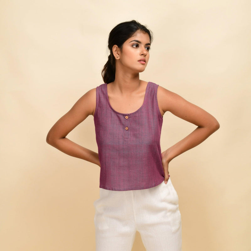 Front View of a Model wearing Mulberry Handspun Cotton Round Neck Sleeveless Top