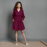 Front View of a Model wearing Mulberry Handspun Cotton Split Neck Short Skater Dress