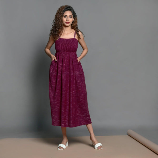 Front View of a Model wearing Mulberry Handspun Cotton Strappy Midi Gathered Dress