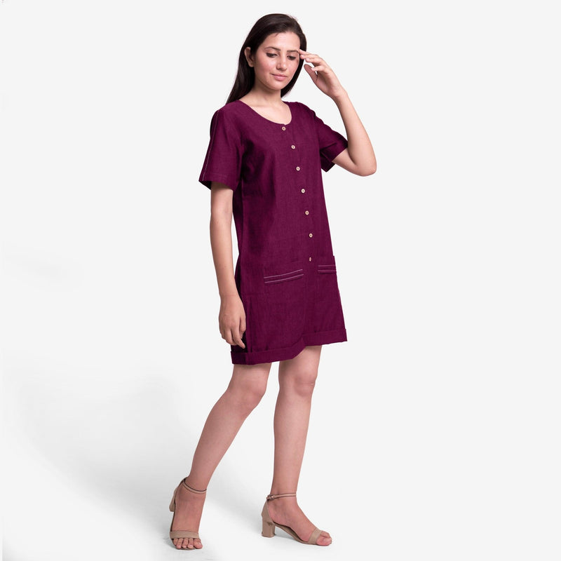 Right View of a Model wearing Handspun Cotton Mulberry Button-Down Romper