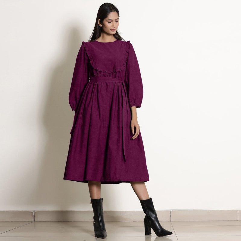 Front View of a Model wearing Warm Mulberry 100% Cotton Frilled Yoke Dress