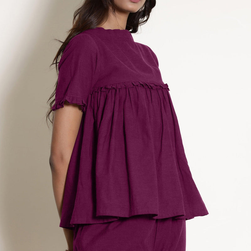 Right Detail of a Model wearing Mulberry Gathered Frilled Cotton Top