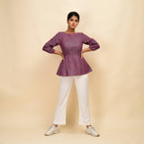 Front View of a Model wearing Mulberry Yarn-Dyed 100% Cotton Peplum Top