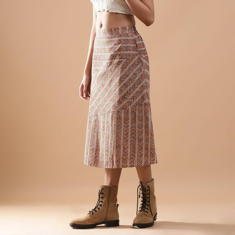 Left View of a Model wearing Kalamkari Chevron Striped Paneled Skirt