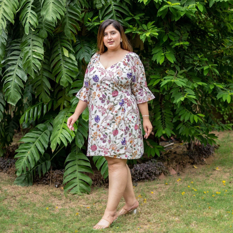 Multicolor Floral Block Print Cotton A-Line Knee Length Wrap Dress Multicolor Floral Block Print Cotton A-Line Knee Length Wrap Dress