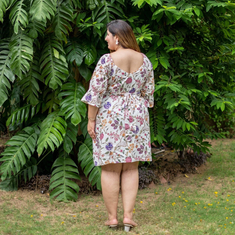Multicolor Floral Block Print Cotton A-Line Knee Length Wrap Dress Multicolor Floral Block Print Cotton A-Line Knee Length Wrap Dress