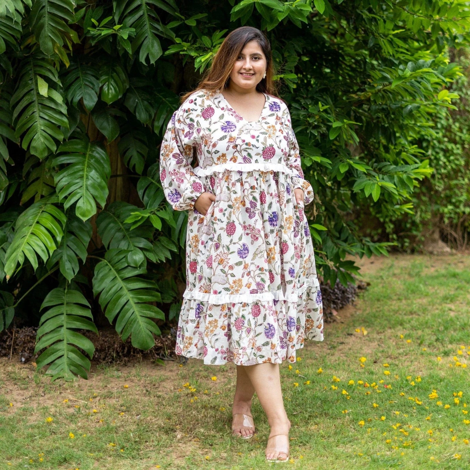 cotton boho dress plus size Women's Cotton Maxi Dress Ihhxva Plus Size Flowy Summer Loose Fit Tie Neck  High-Low Casual Beach Boho Empire Waist A-Line Midi Length L-5XL