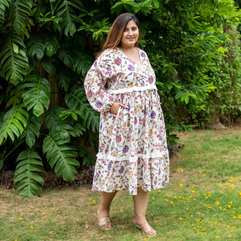 Multicolor Floral Block Print Cotton Boho Tier Midi Dress Multicolor Floral Block Print Cotton Boho Tier Midi Dress