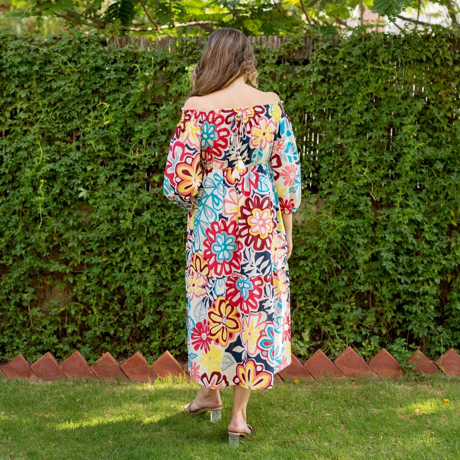 Multicolor Floral Printed 100% Cotton Off-Shoulder Maxi Tier Dress 46