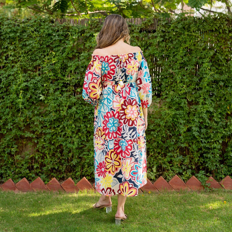 Multicolor Floral Printed 100% Cotton Off-Shoulder Maxi Tier Dress