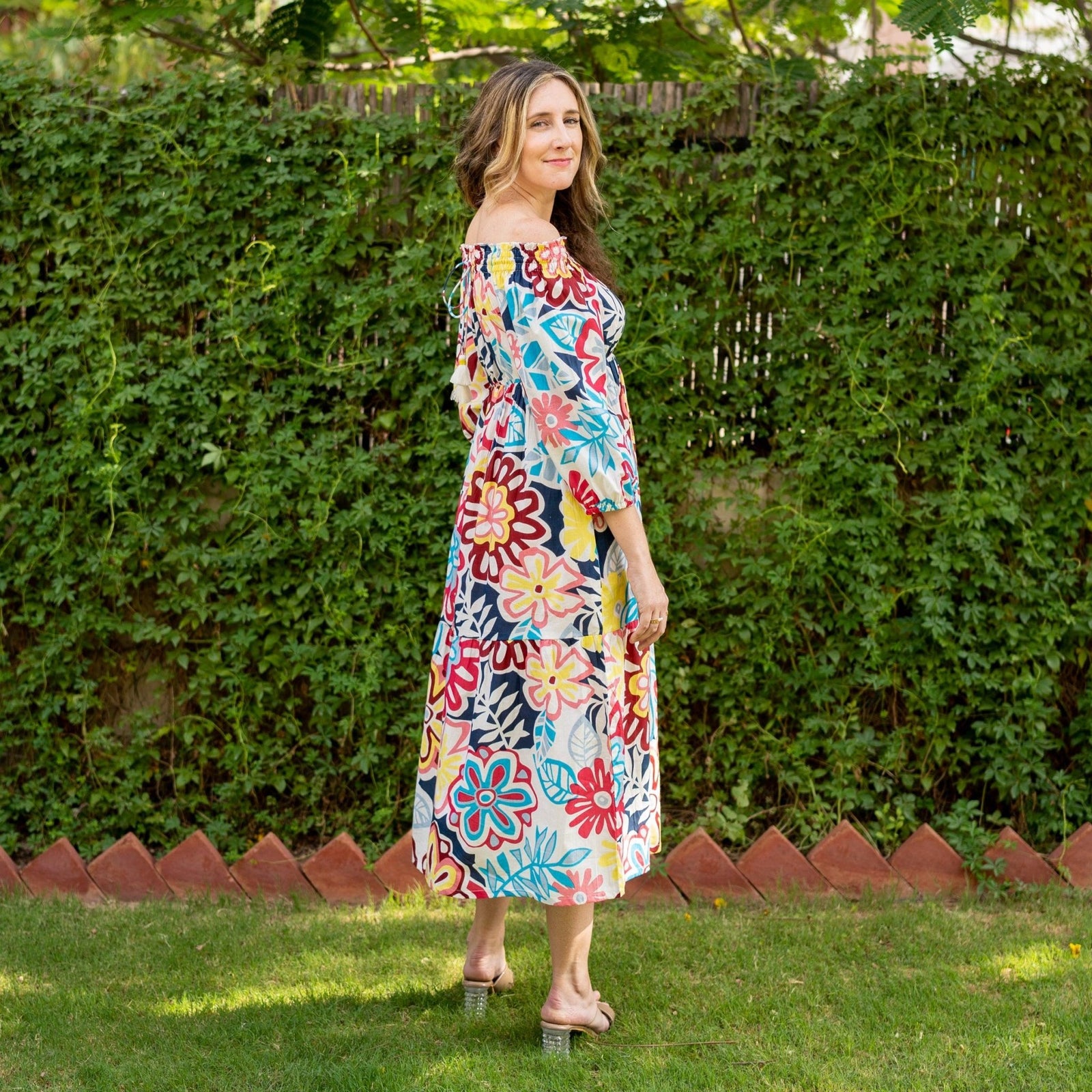 Multicolor Floral Printed 100% Cotton Off-Shoulder Maxi Tier Dress 46" / Petite (5'1" and below) Multicolor Floral Printed 100% Cotton Off-Shoulder Maxi Tier Dress 46" / Petite (5'1" and below)