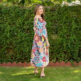 Multicolor Floral Printed 100% Cotton Off-Shoulder Maxi Tier Dress