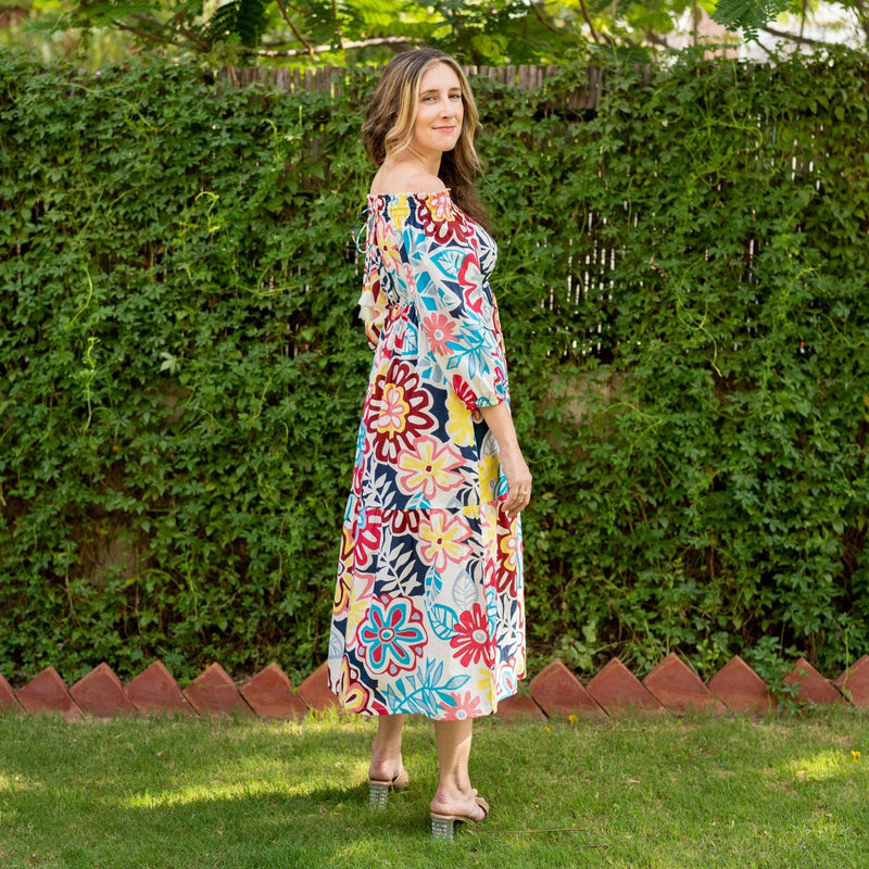 Multicolor Floral Printed 100% Cotton Off-Shoulder Maxi Tier Dress Custom Size (Free) / Tall (5'7" and above) Multicolor Floral Printed 100% Cotton Off-Shoulder Maxi Tier Dress Custom Size (Free) / Tall (5'7" and above)