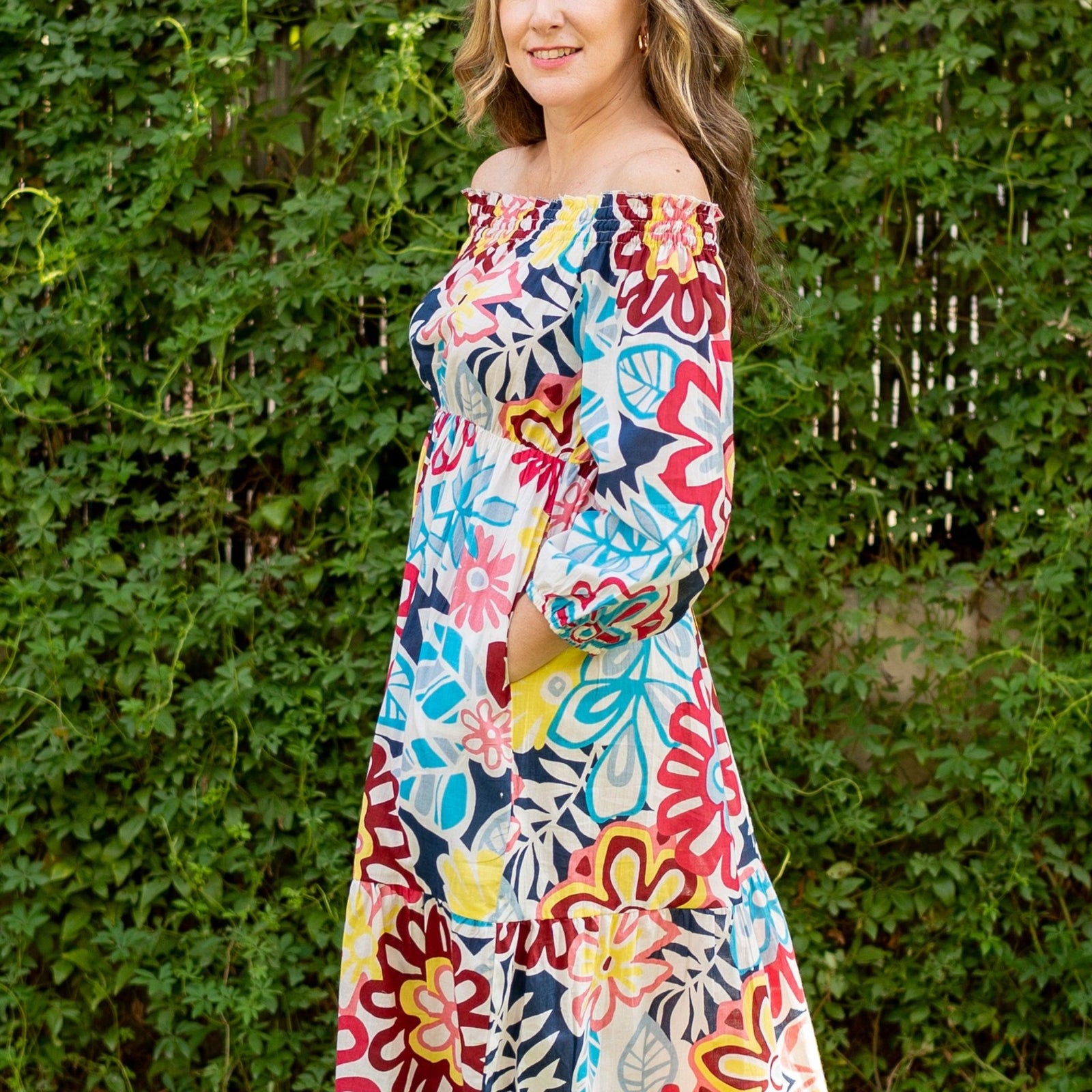 Multicolor Floral Printed 100% Cotton Off-Shoulder Maxi Tier Dress 46" / Petite (5'1" and below) Multicolor Floral Printed 100% Cotton Off-Shoulder Maxi Tier Dress 46" / Petite (5'1" and below)