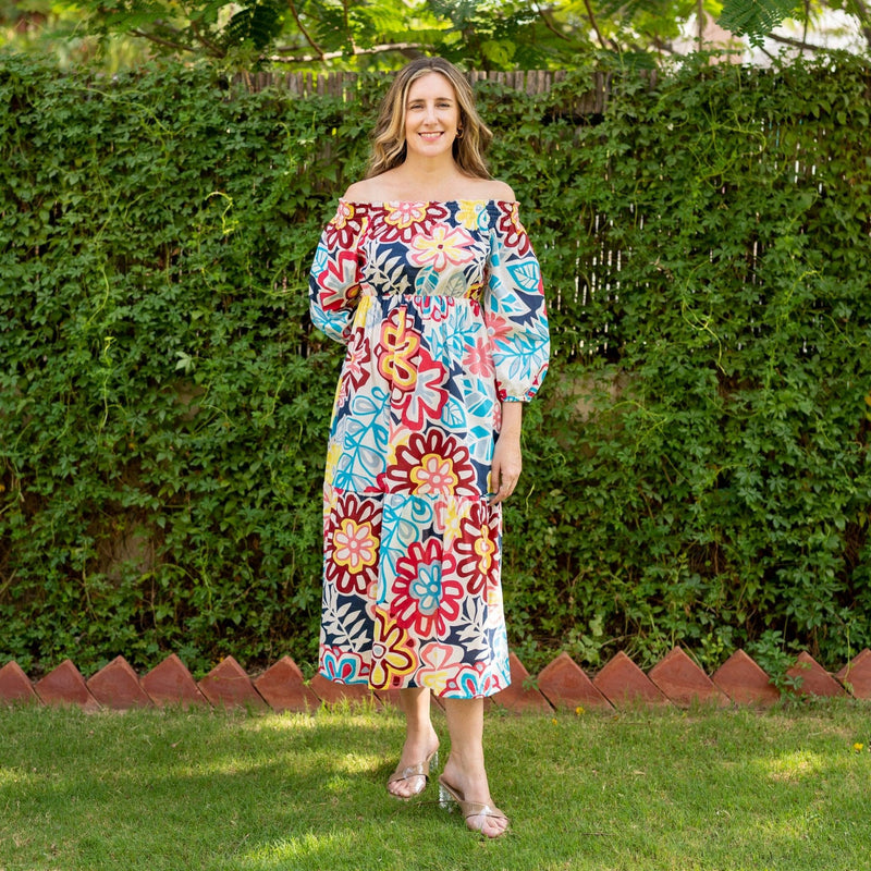 Multicolor Floral Printed 100% Cotton Off-Shoulder Maxi Tier Dress