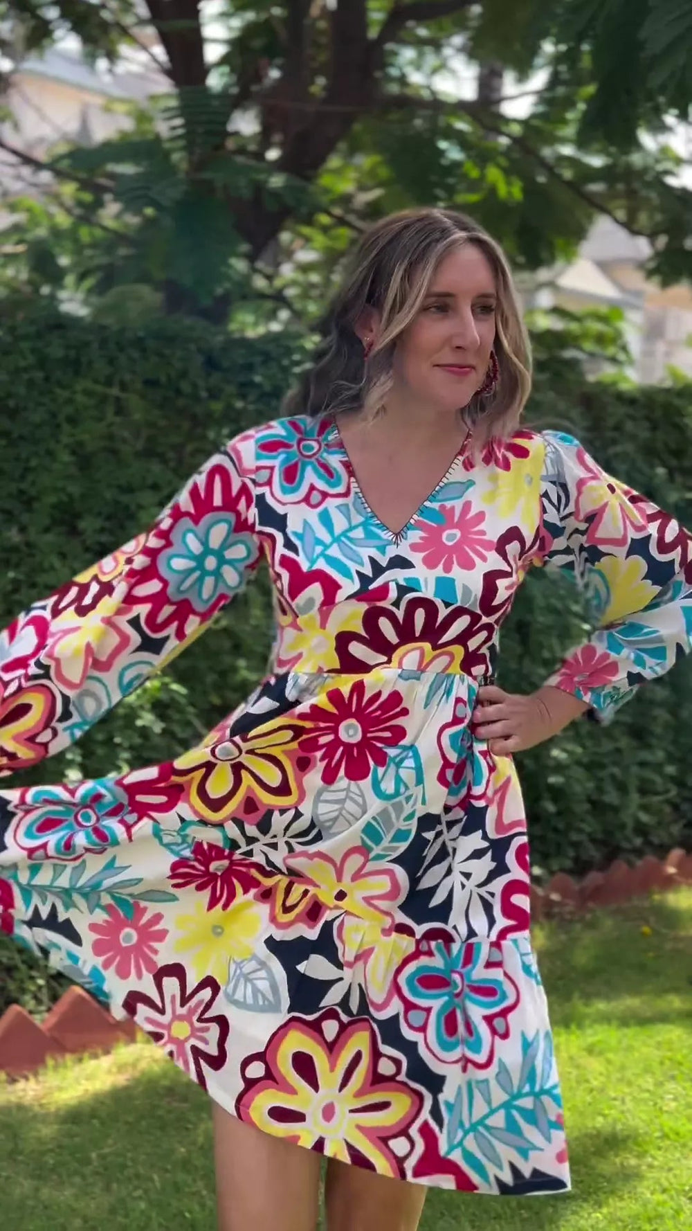 Multicolor Floral Printed 100% Cotton V-Neck Short Tier Dress 50
