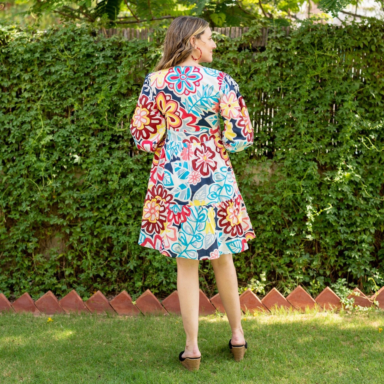 short floral long sleeve dress Multicolor Floral Printed 100% Cotton V-Neck Short Tier Dress 50